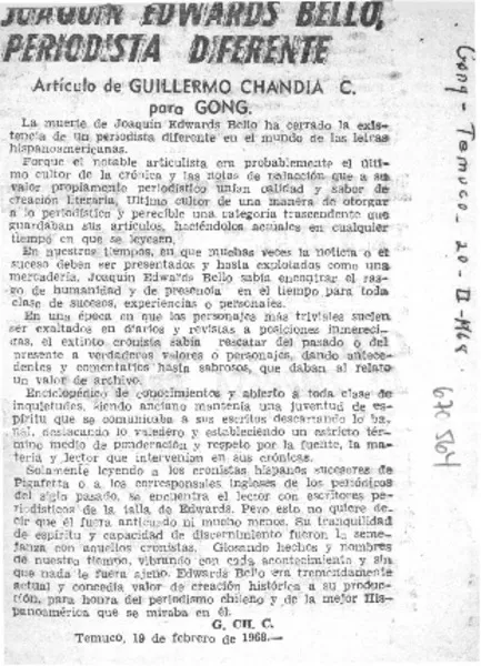 Joaquín Edwards Bello, periodista diferente  [artículo] Guillermo Chandía C.