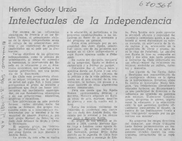 Intectuales de la Independencia.  [artículo]