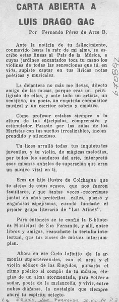 Carta abierta a Luis Drago Gac  [artículo] Fernando Pérez de Arce B.