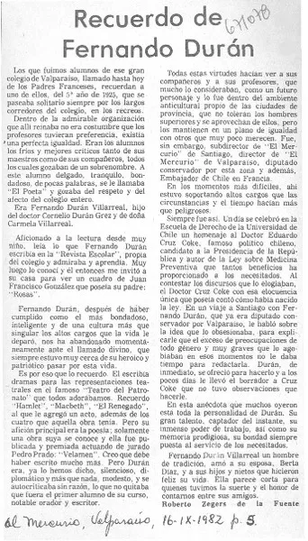 Recuerdo de Fernando Durán  [artículo] Roberto Zegers de la Fuente.