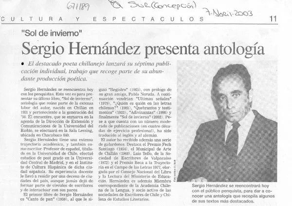 Sergio Hernández presenta antología.  [artículo]