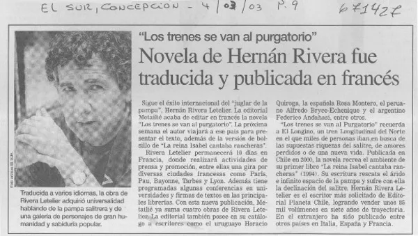 Novela de Hernán Rivera fue traducida y publicada en francés.  [artículo]