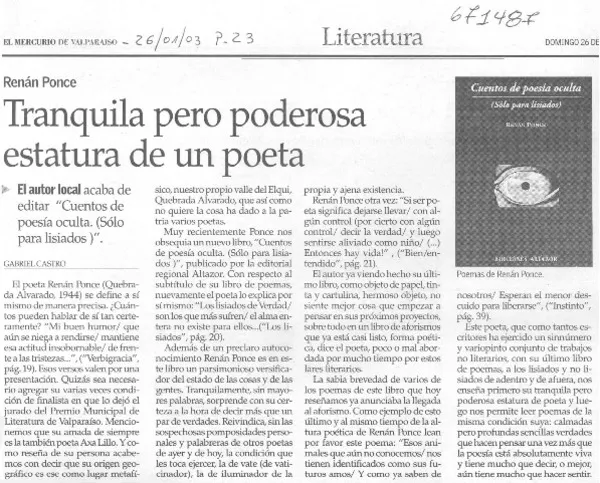 Tranquila pero poderosa estatura de un poeta  [artículo] Gabriel Castro.