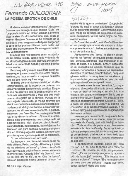 La Poesía erótica de Chile  [artículo] Fernando Quilodrán.