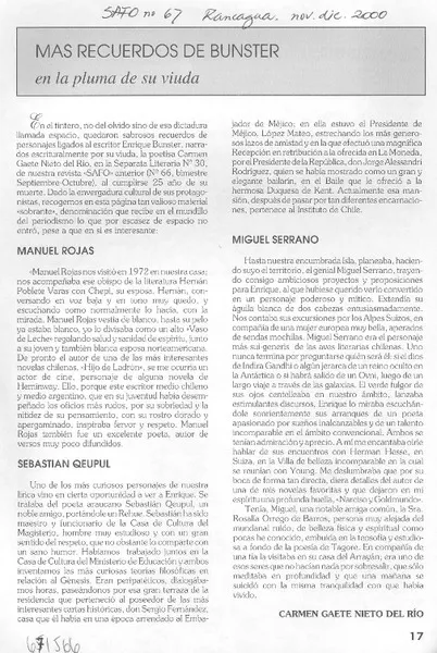 Más recuerdos de Bunster en la pluma de su viuda  [artículo] Carmen Gaete Nieto del Río.