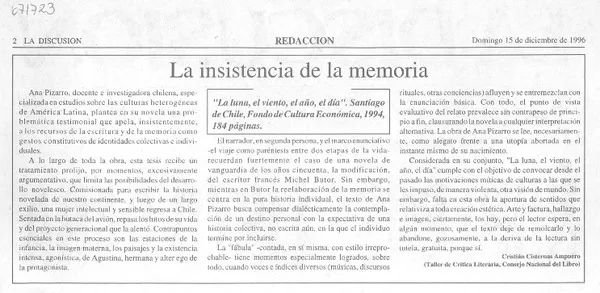 La insistencia de la memoria  [artículo] Critián Cisternas Ampuero.