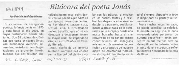 Bitácora del poeta Jonás  [artículo] Patricio Huidobro Montes.