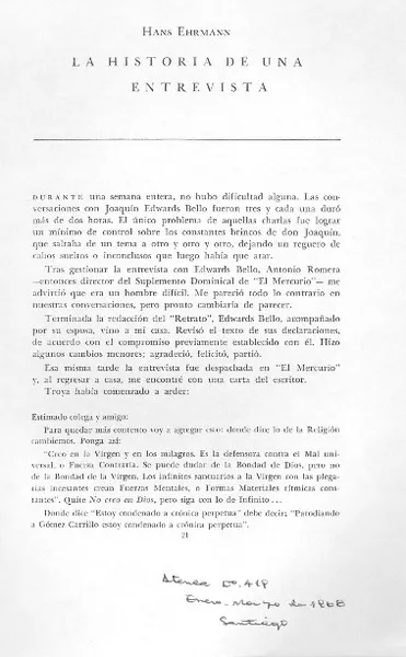 La Historia de una entrevista  [artículo] Hans Ehrmann.