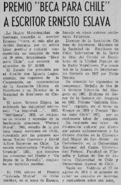 Premio "Beca para Chile" a escritor Ernesto Eslava.  [artículo]