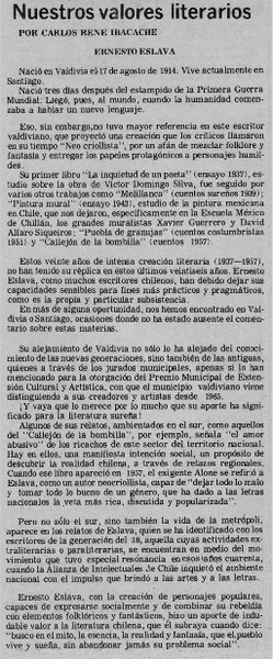 Nuestros valores literarios  [artículo] Carlos René Ibacache.