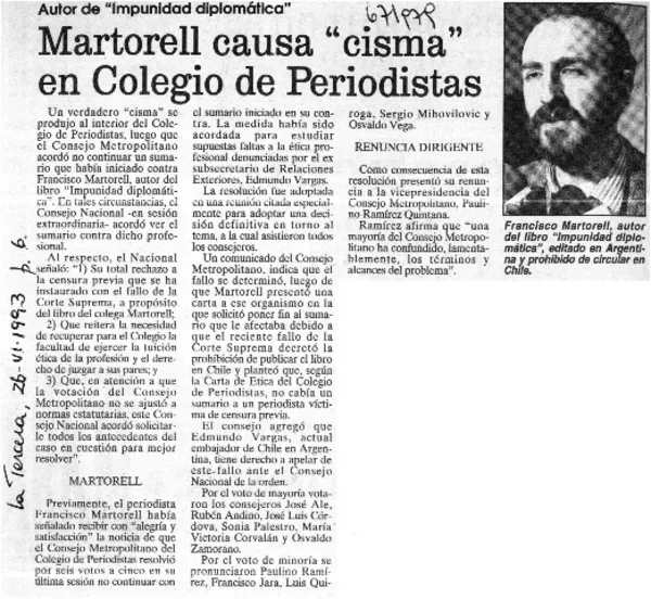 Martorell causa "cisma" en Colegio de Periofistas.  [artículo]
