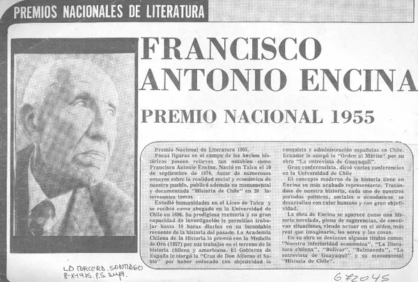 Francisco Antonio Encina, Premio Nacional 1955.  [artículo]