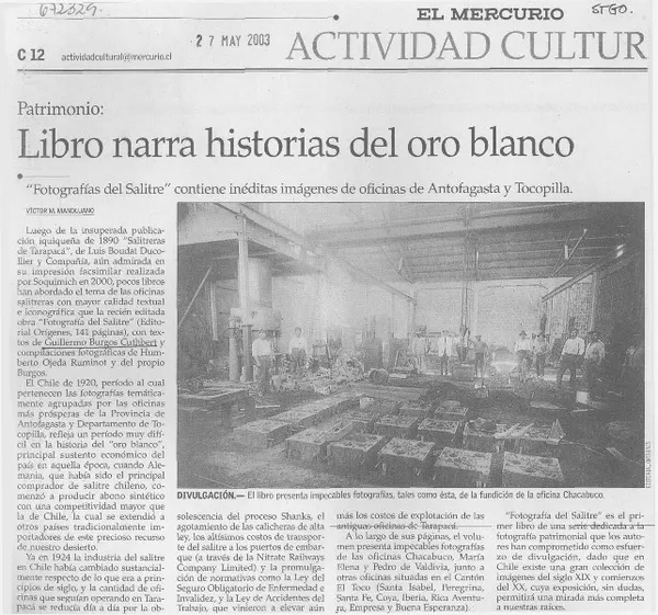 Libro narra historia del oro blanco  [artículo] Víctor M. Mandujano.