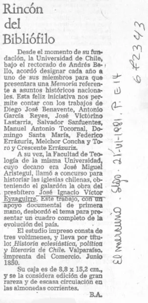 Rincón del bibliófilo  [artículo] B. A.