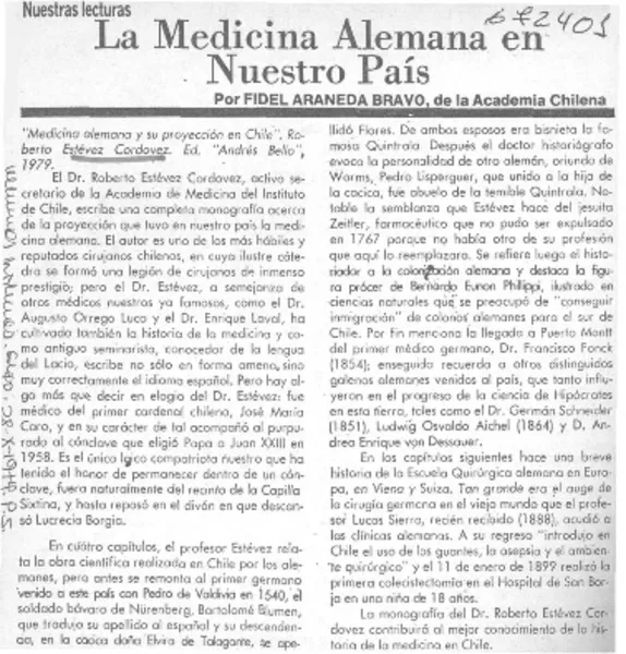 La medicina alemana en nuestro país  [artículo] Fidel Araneda Bravo.