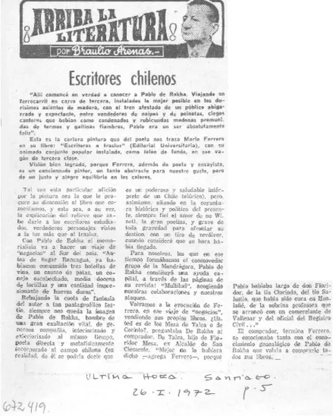 Escritores chilenos  [artículo] Braulio Arenas.