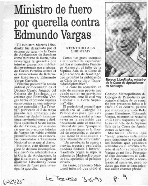 Ministro de fuero por querella contra Edmundo Vargas.  [artículo]