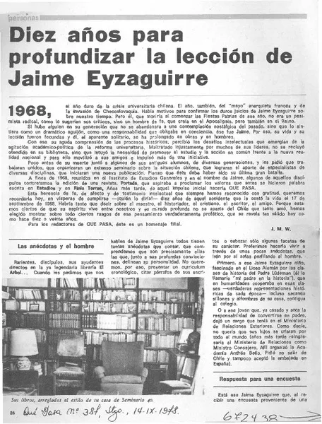 Diez años para profundizar la lección de Jaime Eyzaguirre  [artículo] L. C. E.
