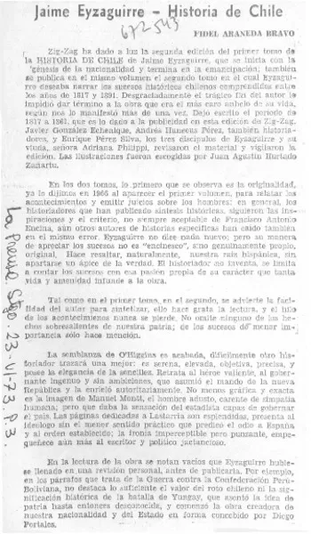 Jaime Eyzaguirre - Historia de Chile  [artículo] Fidel Araneda Bravo.