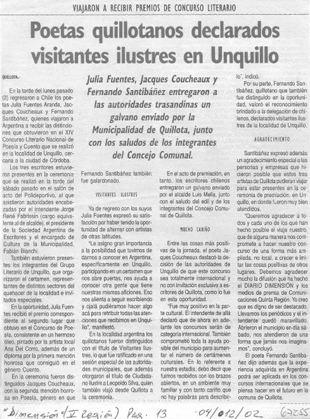 Poetas quillotanos declarados visitantes ilustres en Unquillo.  [artículo]