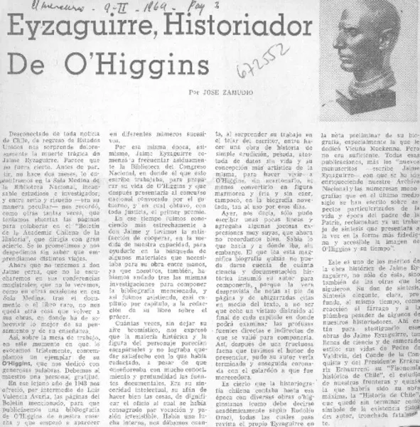 Eyzaguirre, historiador de O'Higgins  [artículo] José Zamudio Z.