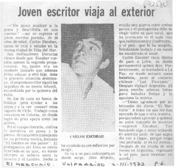 Joven escritor viaja al exterior.  [artículo]