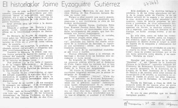 El historiador Jaime Eyzaguirre Gutiérrez  [artículo] V.