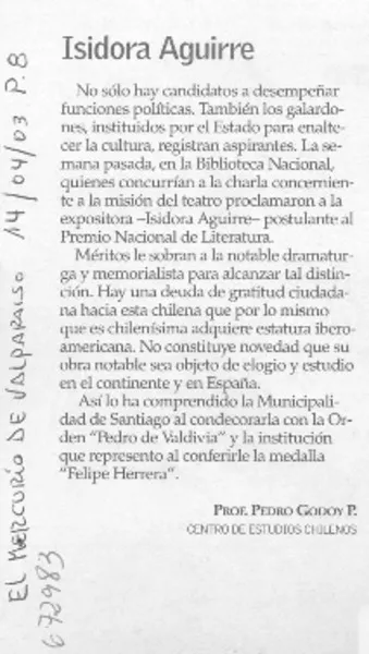 Isidora Aguirre  [artículo] Pedro Godoy P.