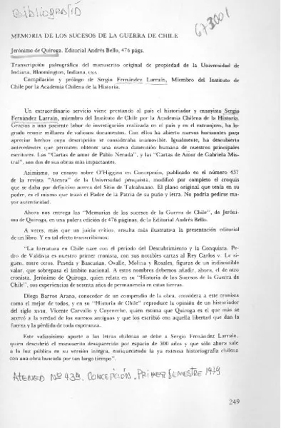 Memoria de los sucesos de la guerra de Chile.  [artículo]