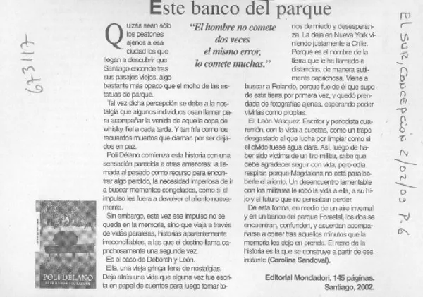 Este banco del parque  [artículo] Carolina Sandoval.