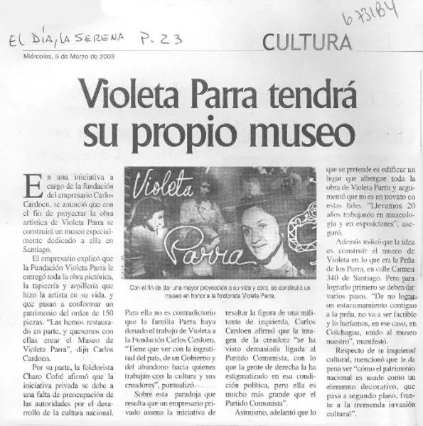 Violeta Parra tendrá su propio museo.  [artículo]