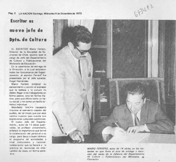Escritor es nuevo jefe de Dpto. de Cultura.  [artículo]