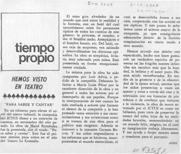 Hemos visto en teatro  [artículo] ANIEL.
