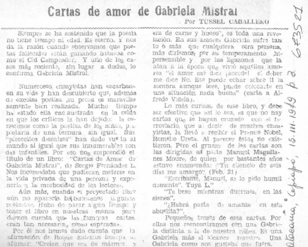 Cartas de amor de Gabriela Mistral  [artículo] Tussel Caballero.
