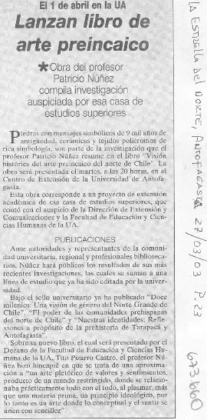 Lanzan libro de arte preincaico.  [artículo]