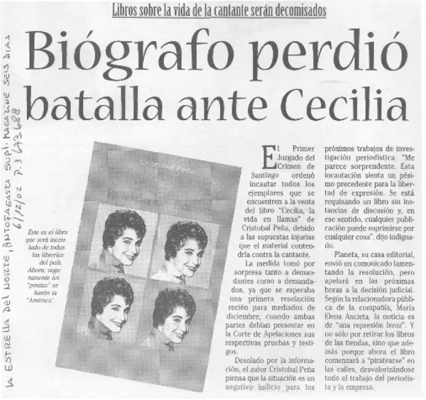 Biógrafo perdió batalla ante Cecilia.  [artículo]