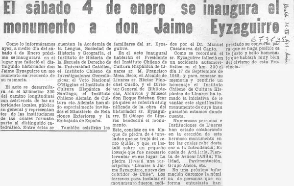 El sábado 4 de enero se inaugura el monumento a don Jaime Eyzaguirre  [artículo].