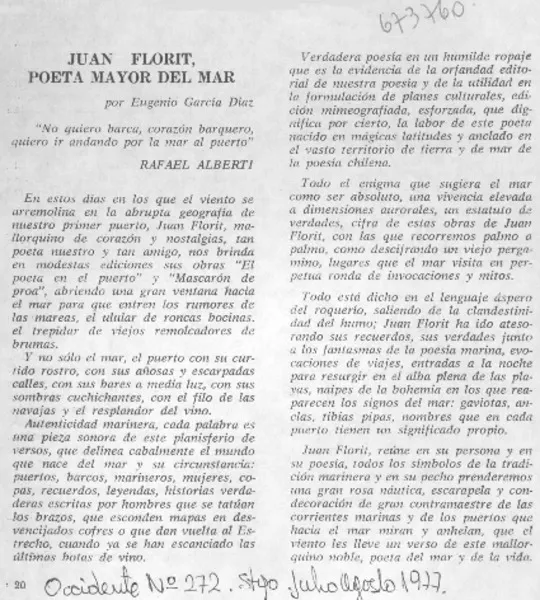 Juan Florit, poeta mayor del mar  [artículo] Eugenio García-Díaz.