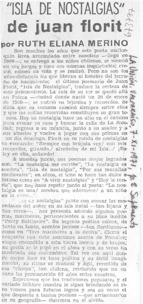 Isla de nostalgias" de Juan Florit,  [artículo] Ruth Eliana Merino.