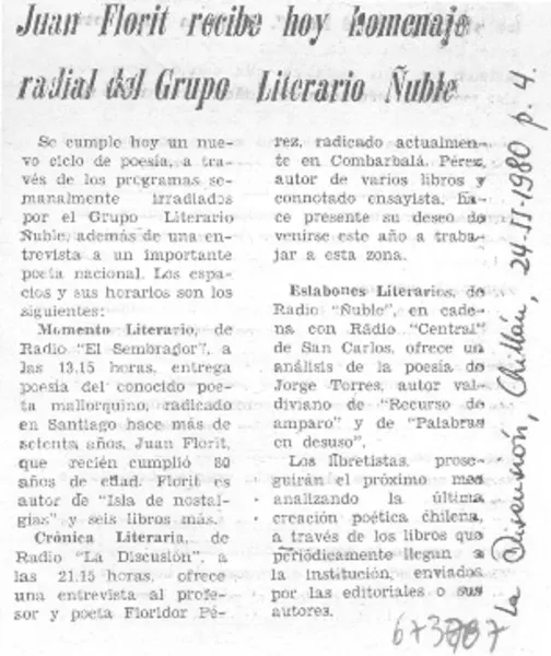 Juan Florit poeta chileno  [artículo] Alfonso Larrahona Kästen.