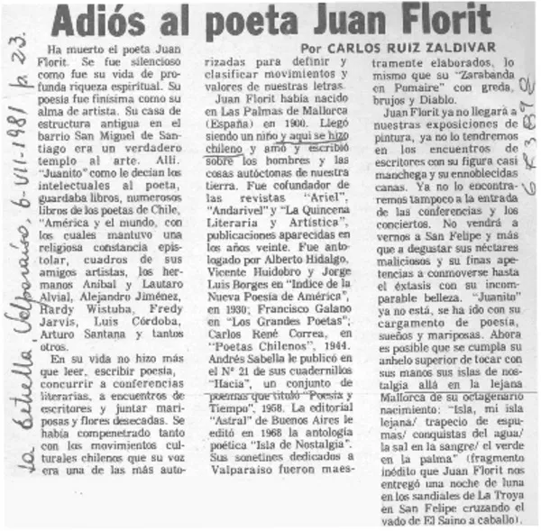 Adiós al poeta Juan Florit  [artículo] Carlos Ruíz Zaldívar.