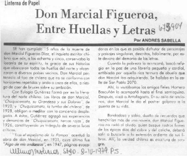 Don Marcial Figueroa, entre huellas y letras  [artículo] Andrés Sabella.
