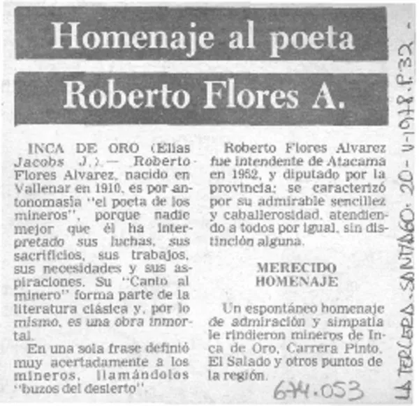 Homenaje al poeta Roberto Flores A.  [artículo] Elias Jacobs J.