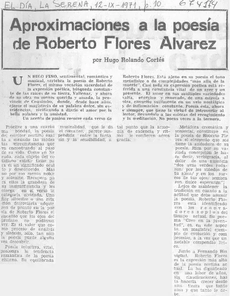 Aproximaciones a la poesía de Roberto Flores Alvarez  [artículo] Hugo Rolando Cortés.