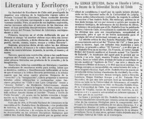 Literatura y escritores  [artículo] Germán Sepúlveda.