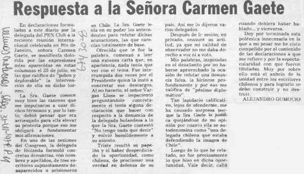 Respuesta a la señora Carmen Gaete  [artículo] Alejandro Gumucio.