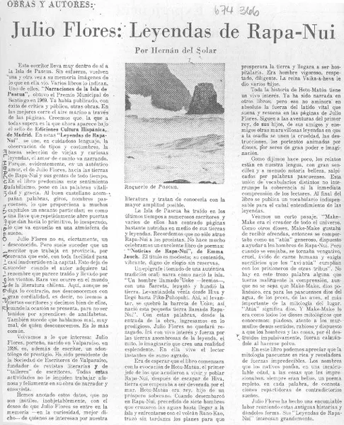 Julio Flores, Leyendas de Rapa-Nui  [artículo] Hernán del Solar.