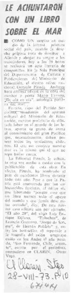 Le achuntaron con un libro sobre el mar  [artículo] Oscar Vega.