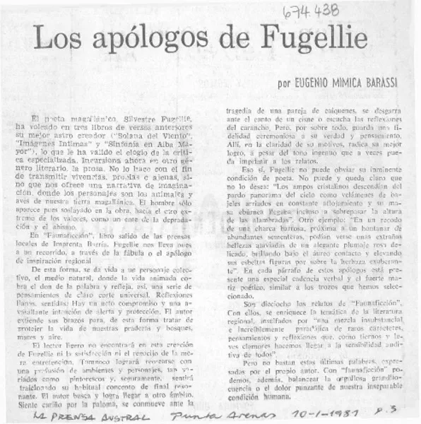 Los apólogos de Fugellie  [artículo] Eugenio Mimica Barassi.