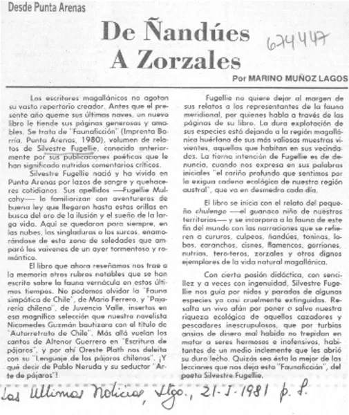 De ñandúes a zorzales  [artículo] Marino Muñoz Lagos.
